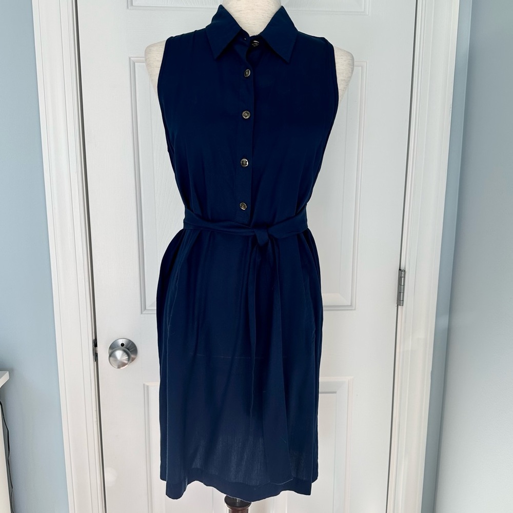 Escapada Navy Blue Sleeveless Shirt Dress Belted Tie Button Up Pockets Sz Small